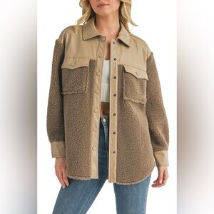 Faux Leather & Faux Shearling Shacket in Brown Size Small